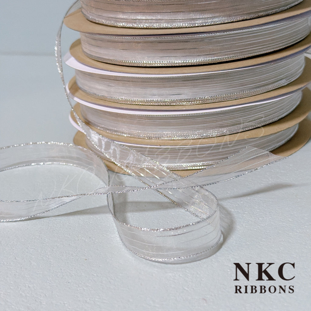 【5/8 Organza Corsage Ribbon】White Silver Line