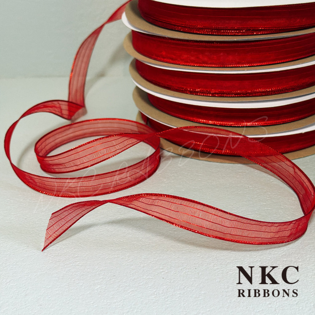 【5/8 Organza Corsage Ribbon】Red Metallic Edge