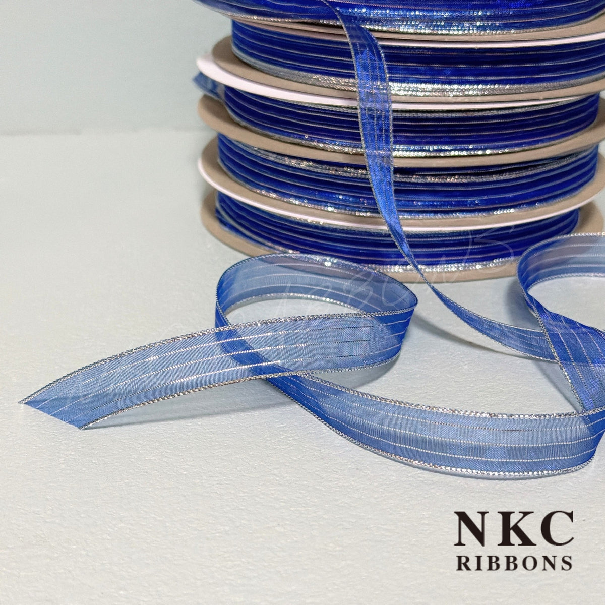 【5/8 Organza Corsage Ribbon】Blue Silver Line